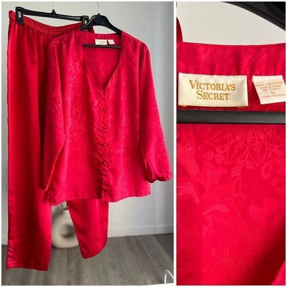 Victoria’s Secret Set Vintage Gold Label Satin Pajamas Red Medium - Picture 1 of 4
